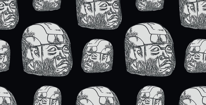 Beautiful hand drawing of Olmeca indigenous culture giant head seamless pattern over dark background