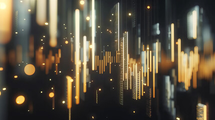 Abstract 3D illustration of glowing vertical lines and dots on a dark background, representing digital data and futuristic technology