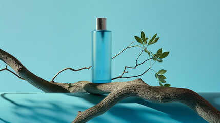 Obraz premium Commercial photography, slender product bottle, underneath the product is a very thick branch of an ancient tree with a leaf on it, background is light blue to dark blue gradient