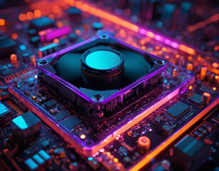 Fototapeta premium A central electronic processor on a glowing circuit board with vibrant neon lights 