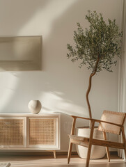 A white chair sits in front of a white wooden cabinet