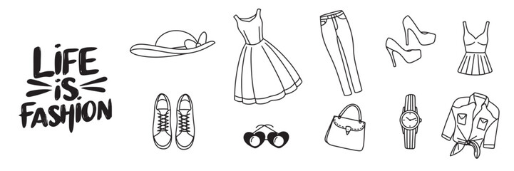 Collection of doodle Fashion icons set isolated. Hand drawn vector art.
