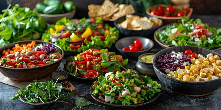 Vegan and vegetarian salad and pizza options with fresh vegetables and toppings. Concept Plant-based Recipes, Vegan Meal Ideas, Vegetarian Dishes, Healthy Pizza Toppings, Fresh Salad Ingredients
