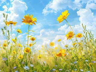 Beautiful spring landscape with meadow yellow flowers and daisies against the blue sky. Natural summer panorama.