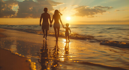 Fototapeta premium Family vacation, a father and mother walk along the shore of a beach holding a child's hand at sunset.