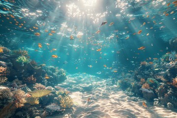Sunlight Beaming Through Crystal Clear Waters Illuminates Colorful Coral Reefs and a School of Tropical Fish in a Vibrant Underwater ParadiseTropical ocean scene