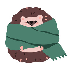 Cute funny hedgehog wrapped in warm scarf. Happy smiling kawaii forest animal in cold winter weather. Adorable sweet kids character. Childish flat illustration isolated on white background