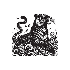 Hand Drawn Tiger Silhouette Isolated On White Background. Vector Illustration In Flat Style.