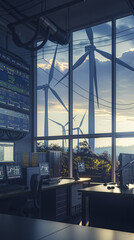 A hyper-realistic photograph of an expansive outdoor renewable energy facility, featuring large wind turbines and extensive solar panels. Inside a modern control room with large digital screens 