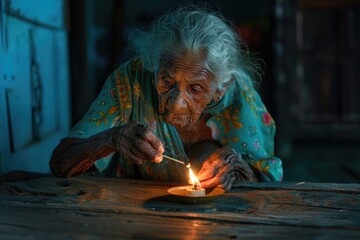 Fototapeta premium A senior woman lights a candle on a table in a quiet moment