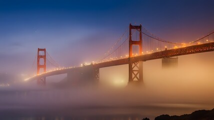 Obraz premium San Francisco Golden Gate Bridge at night with glowing city skyline and fog