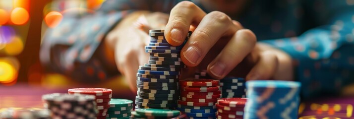 Strategic gambling move: Influential player stacking chips to assert dominance at the casino