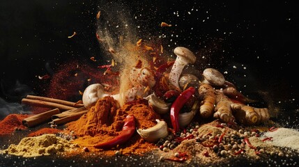 Naklejka premium A variety of spices displayed on a table with a rustic or vintage feel