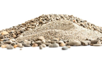 A pile of rocks and gravel sits on a white background, providing a textured contrast