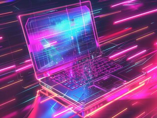 Futuristic illustration about computer technology with a laptop in neon colors. For cover backgrounds, wallpapers and other modern projects. Generated with AI