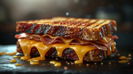 Grilled sandwich with melted cheese and ham on rustic table