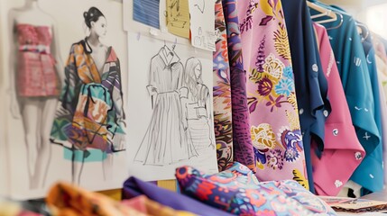 A designer's workspace, filled with sketches and eco-friendly fabric swatches, promotes sustainable fashion.