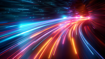 Blue laser beam effect dash with high-speed shine and emit colorful light on dark black background convey sense of energy move in straight line dynamic on cosmic perfect for science fictional. AIG35