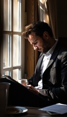 Fototapeta premium Side view a businessman engrossed in checking emails on his tablet while sipping morning coffee