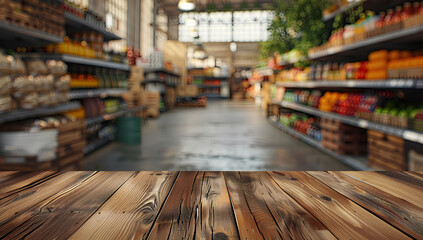 Empty wood table top with blur background of warehouse of factory. The table giving copy space for placing advertising product on the table along with beautiful industrial warehouse background. 