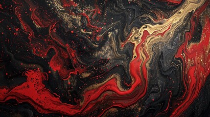 Abstract acrylic paint flow background in black, red, and gold. Fluid art, marble effect. Modern art.