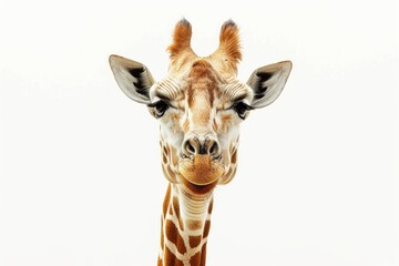 A close-up view of a giraffe's face, looking directly at the camera