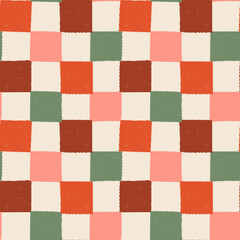 Checkered Pattern. Seamless background with painted checks. Colorful textured checkerboard print. Brush strokes squares backdrop. Chessboard wallpaper. Red, green, beige and pink repeated tiles