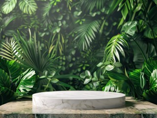 Podium background product green nature 3D forest stand white plant. Cosmetic background product podium display wood jungle studio garden beauty platform presentation mockup pedestal stone tropical