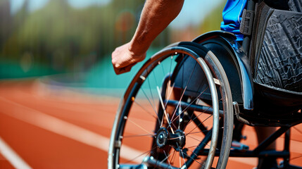 Naklejka premium Close-up of a male Paralympian in a wheelchair on a track, the focus is on the hand holding the wheel and leg close to the camera.