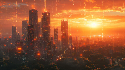 Fototapeta premium Futuristic city with neon lights illuminating skyscrapers and buildings in a city illuminated by an orange sunset light.
