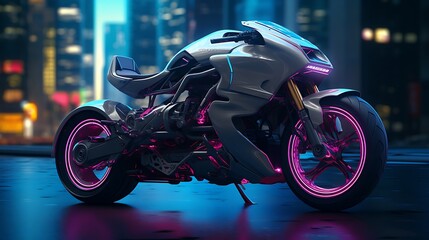 futuristic motorcycle, with pink lights, advanced technology and a futuristic illuminated city in the background