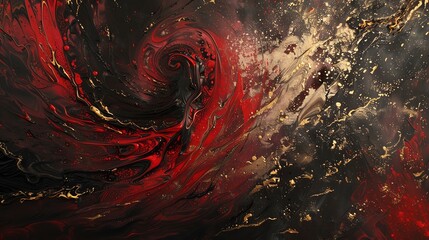 Abstract red, gold, black alcohol ink painting background. Fluid art texture, liquid marble. Modern art, contemporary art. Design for wallpaper, wall art, card, invitation.
