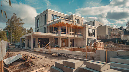 Obraz premium Construction residential new house with prefabrication system in progress at building site