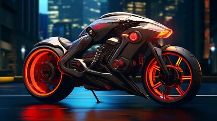 futuristic motorcycle, with advanced technology and in the background an illuminated and futuristic city