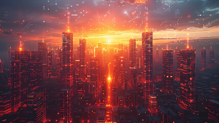 Fototapeta premium Futuristic city with neon lights illuminated by the orange light of a sunset.