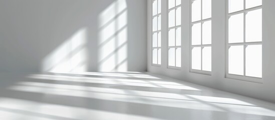 Fototapeta premium White studio backdrop for presenting products with gray room and window shadows for a blurred background display.
