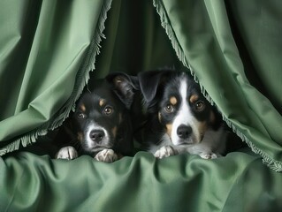 Two playful dogs peeking out from green curtain onto cozy surface