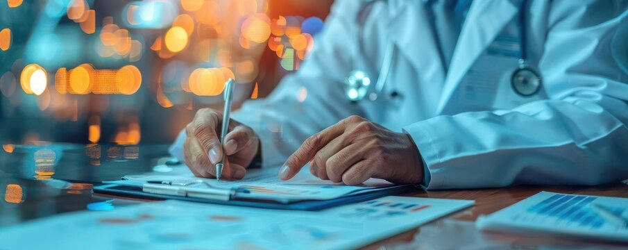Healthcare providers with financial reports, watercolor style, medical funding