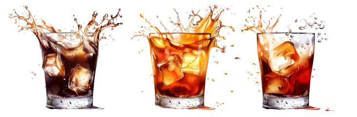 Refreshing Drink Splash Trio - Water, Soda, Espresso Illustrations with Low Details  cut out dicut PNG on transparent