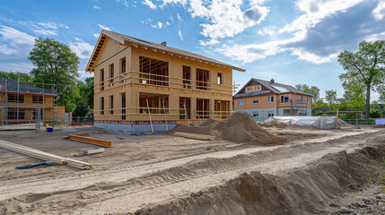 Obraz premium Construction residential new house with prefabrication system in progress at building site