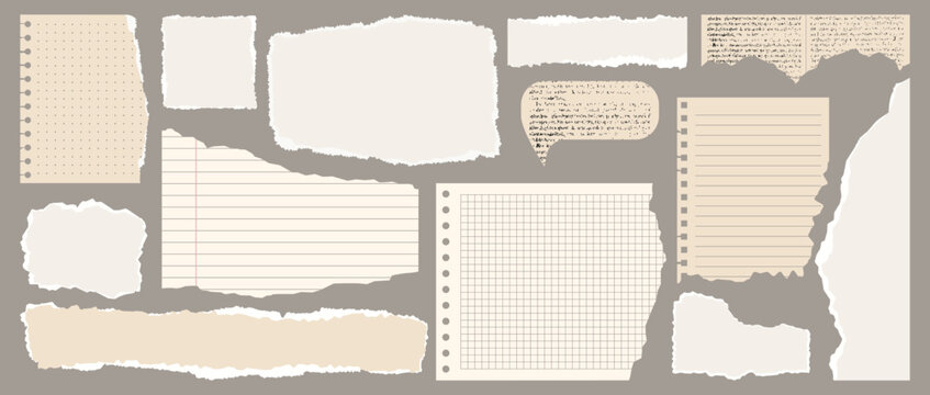 Light beige paper shapes with jagged uneven edges. Torn paper, shreds of notebook pages, old newspaper. Torn paper pieces set. Ripped fragments for message label, banner, collage, text box, sticker, p
