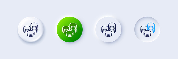 Coins money line icon. Neumorphic, Green gradient, 3d pin buttons. Banking currency sign. Cash symbol. Line icons. Neumorphic buttons with outline signs. Vector