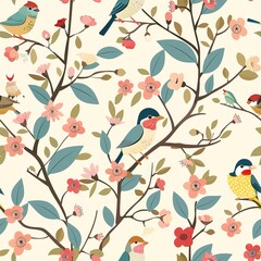 Colorful birds perched on branch with pink flowers. Seamless pattern