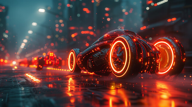 Autonomous driving in the Future of urban car mobility, AI car, futuristic neon car on the street in futuristic city in 8K created with generative ai technology