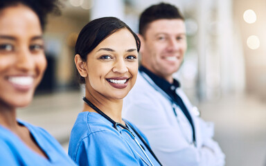Medical, team and portrait in hospital, unity and support or collaboration for medicine. Doctor,...