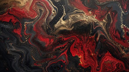 Obraz premium Abstract Acrylic Painting in Red, Black, and Gold. Fluid Art Background with Swirls and Texture