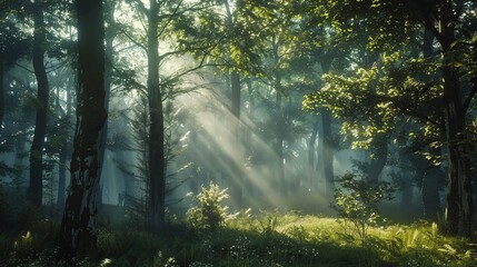Fototapeta premium Sun Rays Through Forest Trees. Nature Background, Concept of Hope, Peace, Serenity