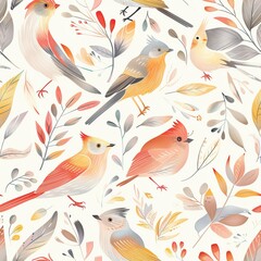 Watercolor illustration of birds and leaves on white background. Seamless pattern.
