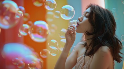 A woman standing in front of a wall, blowing bubbles