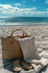 A wicker basket and a pair of sandals sitting on a sunny beach
